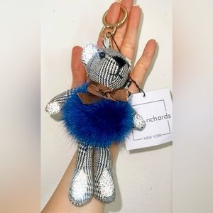 Brand new  Linda Richards genuine Mink bear keychain with brown ribbon in blue